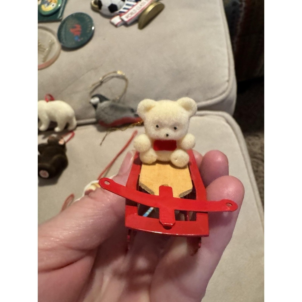 Vintage 1980's Avon White Teddy Bear on Red Metal Sleigh Christmas Ornament